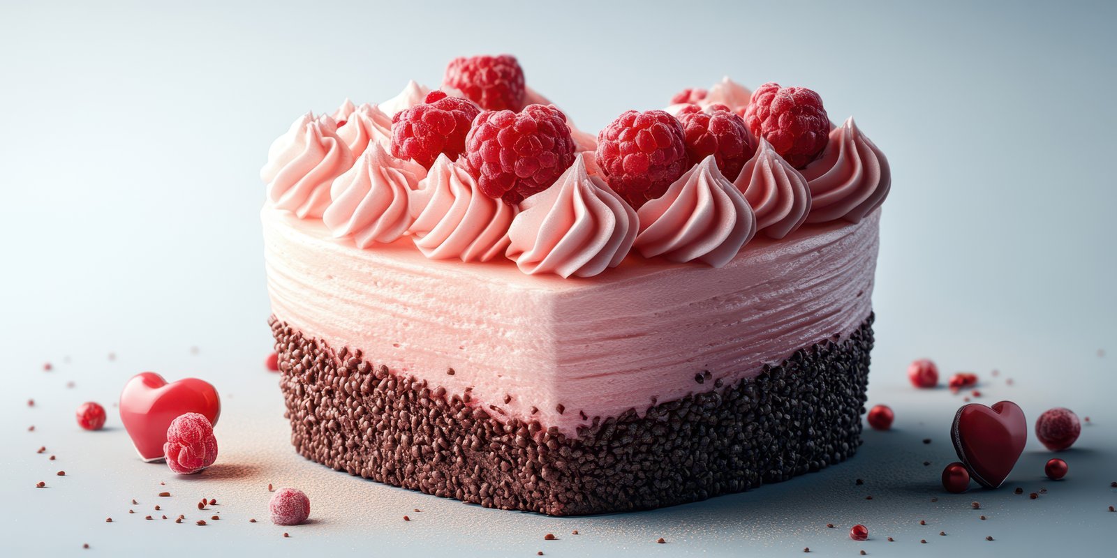 Heart-shaped cake decorated with pink icing and raspberries on a light background for special occasions